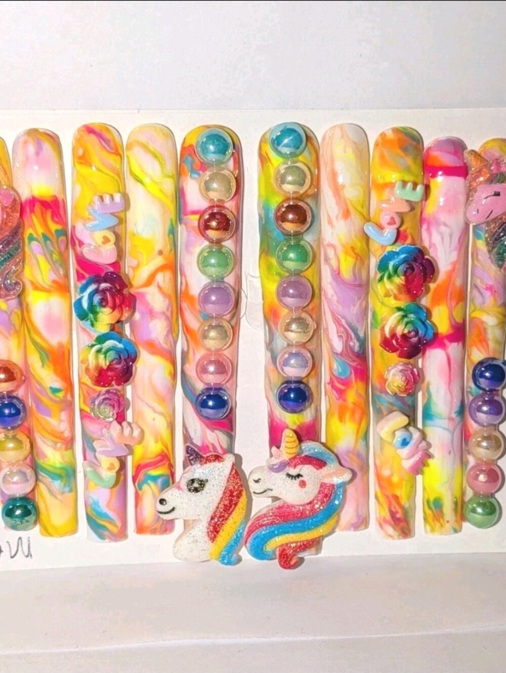 Hand Crafted Multicolor Unicorn 6Xl Press-On Nails with Rainbow Accents Sz Mediu - Picture 1 of 17
